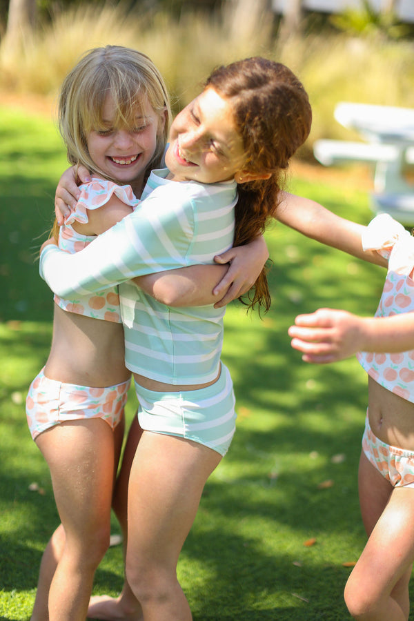 The Girl's Rash Guard Two Piece Bather - Green Stripe