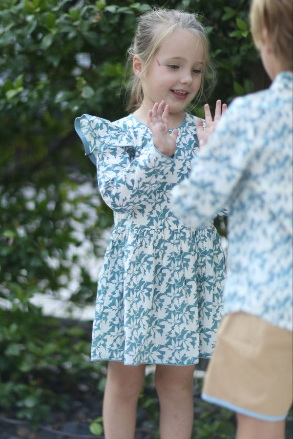 Capers Dress - Long Sleeves - Large Leaves Blue