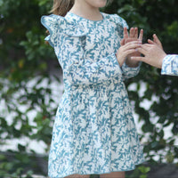 Capers Dress - Long Sleeves - Large Leaves Blue