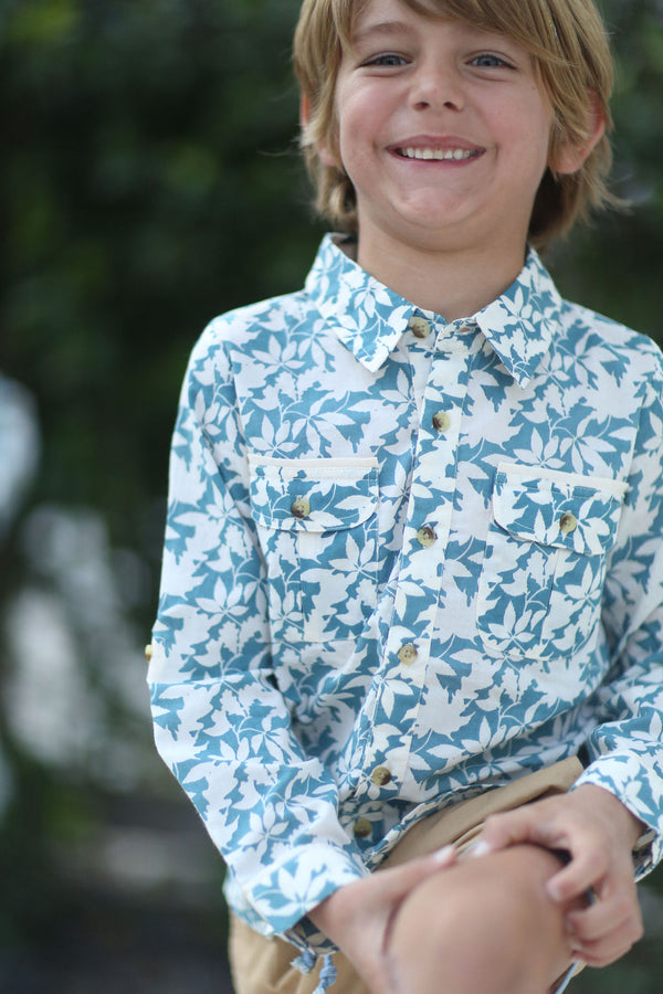 The Sea Shirt - Long Sleeve - Large Leaves - Blue