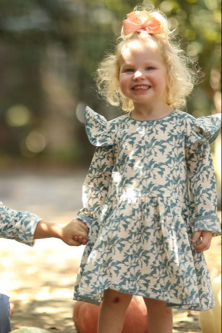 Capers Dress - Long Sleeves - Large Leaves Blue