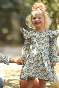 Capers Dress - Long Sleeves - Large Leaves Blue