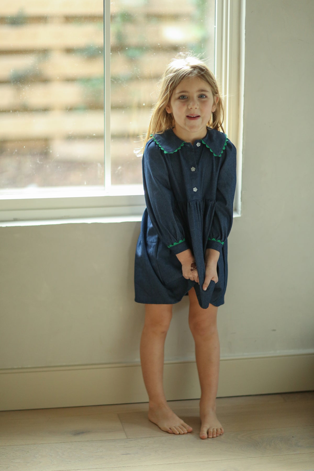 (pre-order) Natalie Dress - Denim w/ green trim