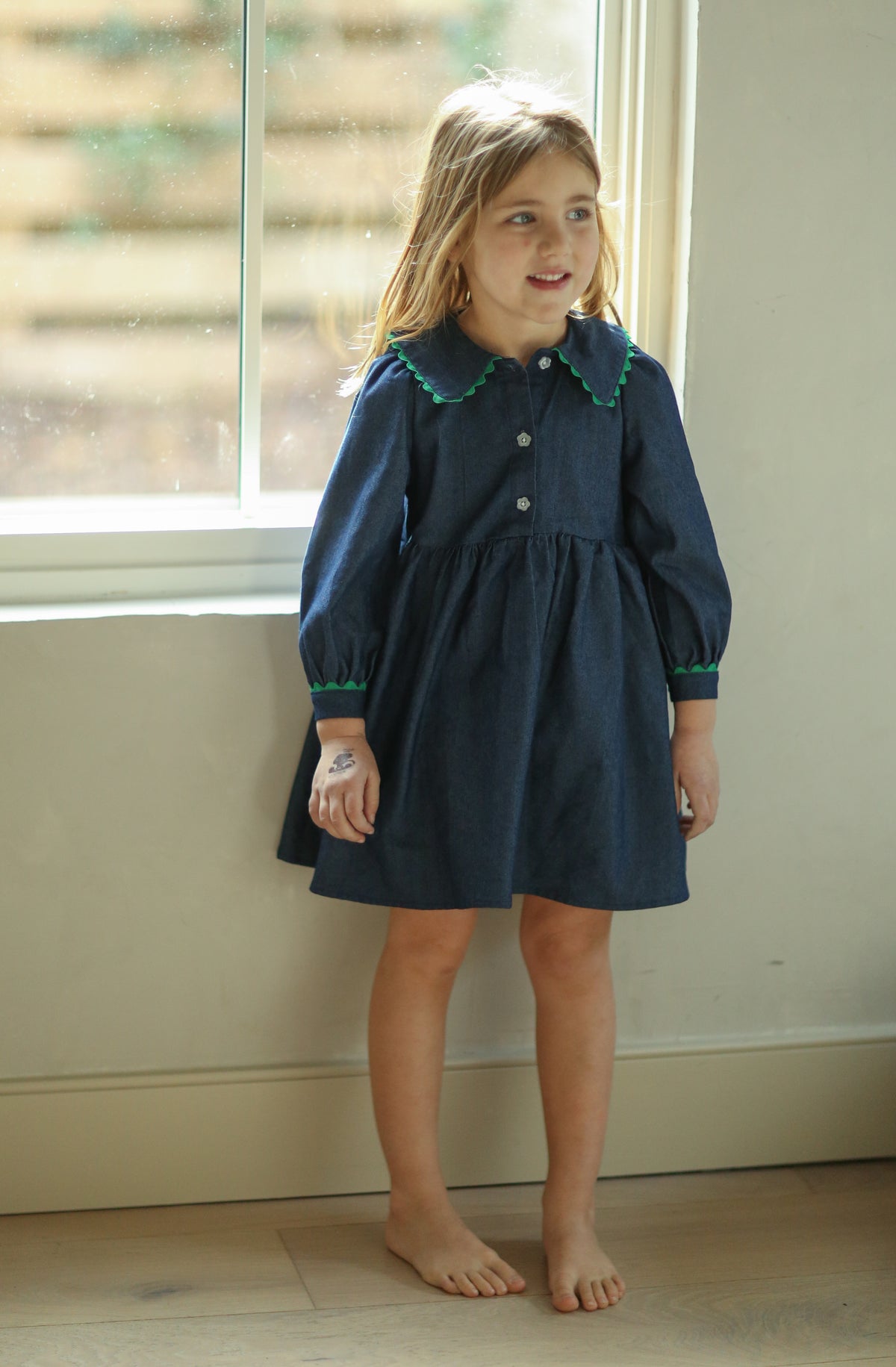 (pre-order) Natalie Dress - Denim w/ green trim