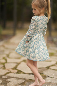 Capers Dress - Long Sleeves - Large Leaves Blue